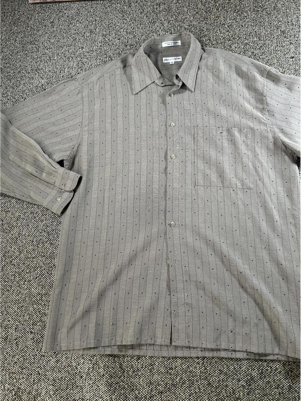 Vintage Pierre Cardin Men's Large Button Down Shirt Striped Dot Tan Grey‎